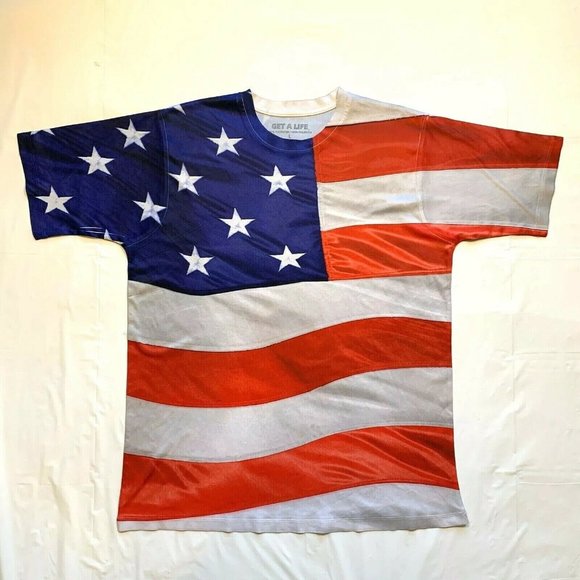 Get A Life T Shirt Mens Large American Flag All Over Print Short Sleeve USA NEW - Picture 2 of 10